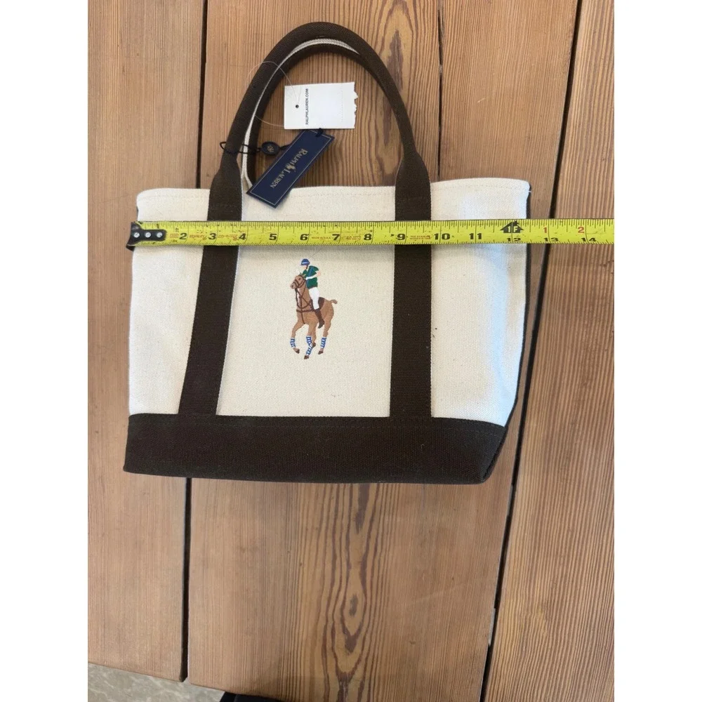 NWT Ralph Lauren Canvas Tote Bag Horse Embroidery Purse Handbag Brown Accents - Picture 8 of 9